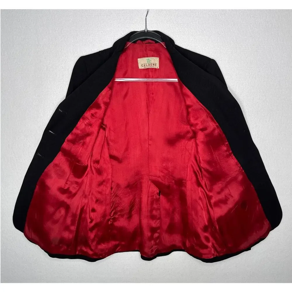 Vintage 1970s-80s Caldene Black Wool Riding Blazer Red Lined Small